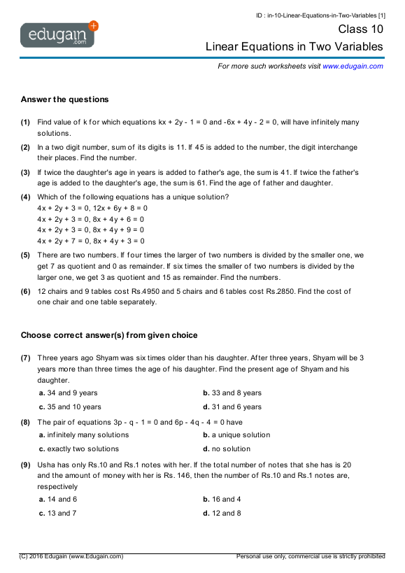 Linear Equations in Two Variables